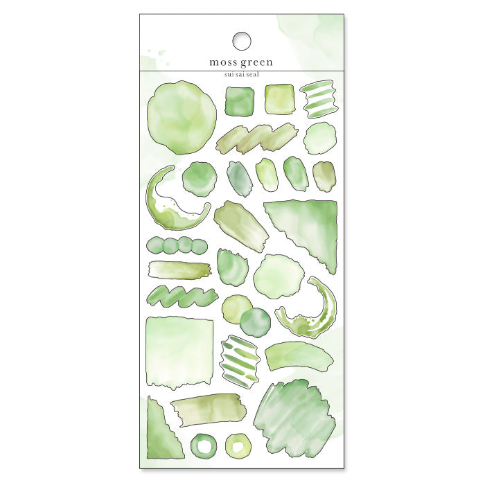 Mind Wave Sui Sai Watercolor Stickers Moss Green  These stickers are perfect for all paper projects, adding a unique touch with their transparent watercolor look. Spice up your planners, cards, and more with these elegant and artistic stickers.