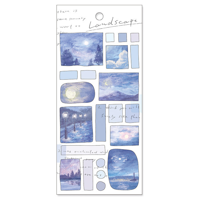 Mind Wave Landscape Sticker Blue Moonlight  Illustrated sticker that looks like a landscape painting. Beautiful transparent finish.  These Japanese stickers are perfect for planners, notebooks, and other papercraft projects. 