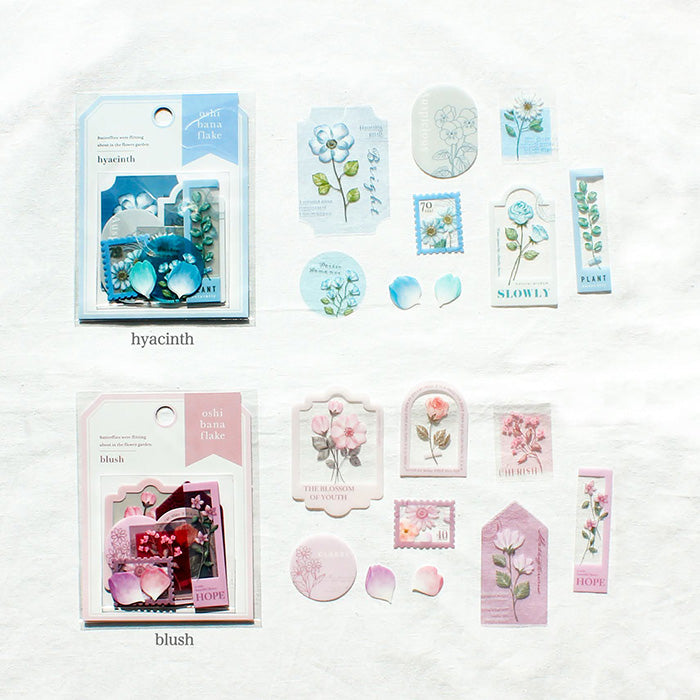 Mind Wave Oshi Bana Flower Sticker Flakes Hyacinth  Add a touch of elegance to your papercraft projects with these color-coordinated Oshi Bana Flower PET -Sticker Flakes. This set includes exquisite flower and frame stickers that will elevate your planners, journals, or an