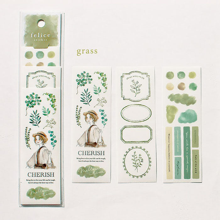 Mind Wave Felice Sticker Grass  Set of color-coordinated stickers. These Japanese stickers are perfect for planners, notebooks, and other papercraft projects. 