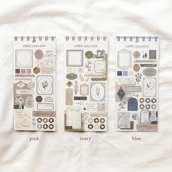 Mind Wave Libre Collage Papier Ivory  Elevate your aesthetic with these exquisite vintage-inspired stickers crafted from textured Japanese cotton paper and embellished with elegant foil accents.