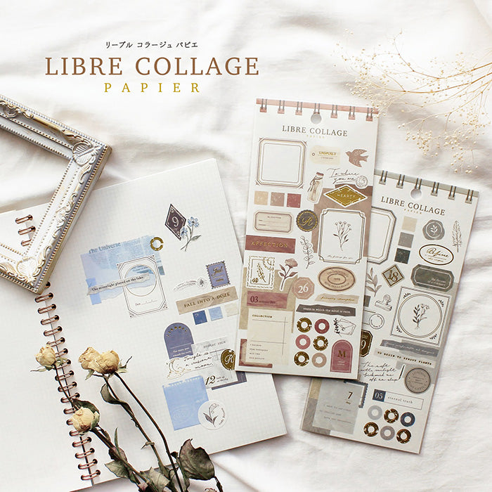 Mind Wave Libre Collage Papier Pink  Elevate your aesthetic with these exquisite vintage-inspired stickers crafted from textured Japanese cotton paper and embellished with elegant foil accents.