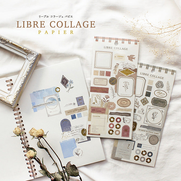 Mind Wave Libre Collage Papier Gray  Elevate your aesthetic with these exquisite vintage-inspired stickers crafted from textured Japanese cotton paper and embellished with elegant foil accents.