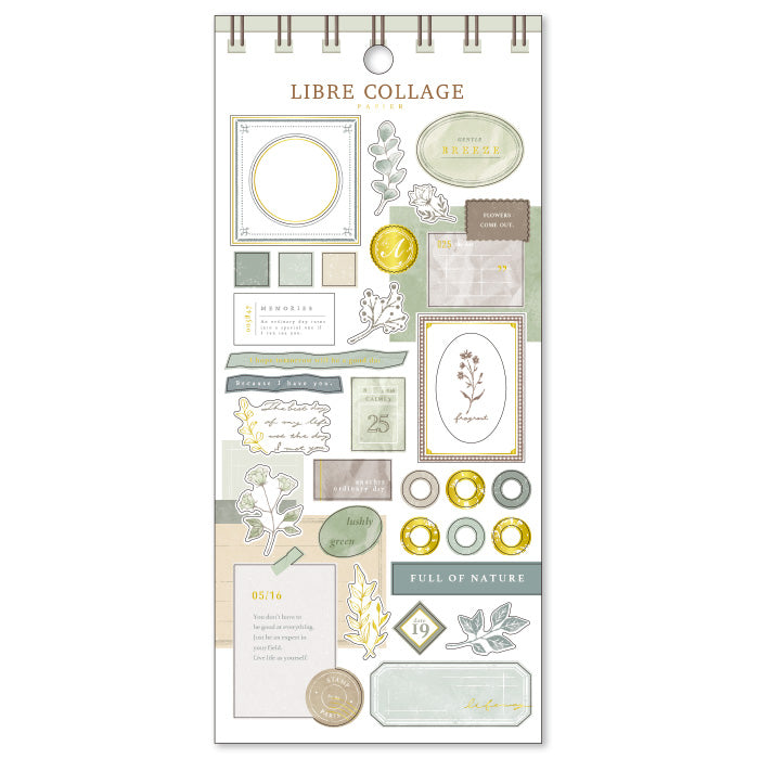 Mind Wave Libre Collage Papier Green  Elevate your aesthetic with these exquisite vintage-inspired stickers crafted from textured Japanese cotton paper and embellished with elegant foil accents.