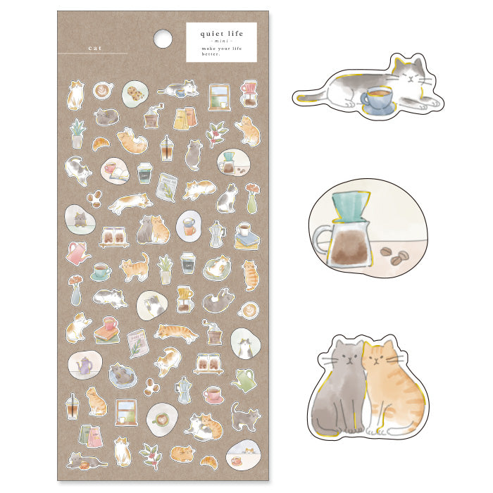 Mind Wave Quiet Life Mini Sticker Cat  Adorable washi stickers featuring cute cats. Perfect for sprucing up planners, cards, and papercraft projects, these stickers add a touch of cuteness to any project.