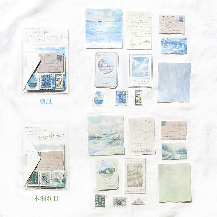 Mind Wave Sticker Flakes Landscape Morning Calm  Beautiful collage style sticker set. These Japanese sticker feature painting like landscapes, stamps and beautiful vintage-style paper stickers.