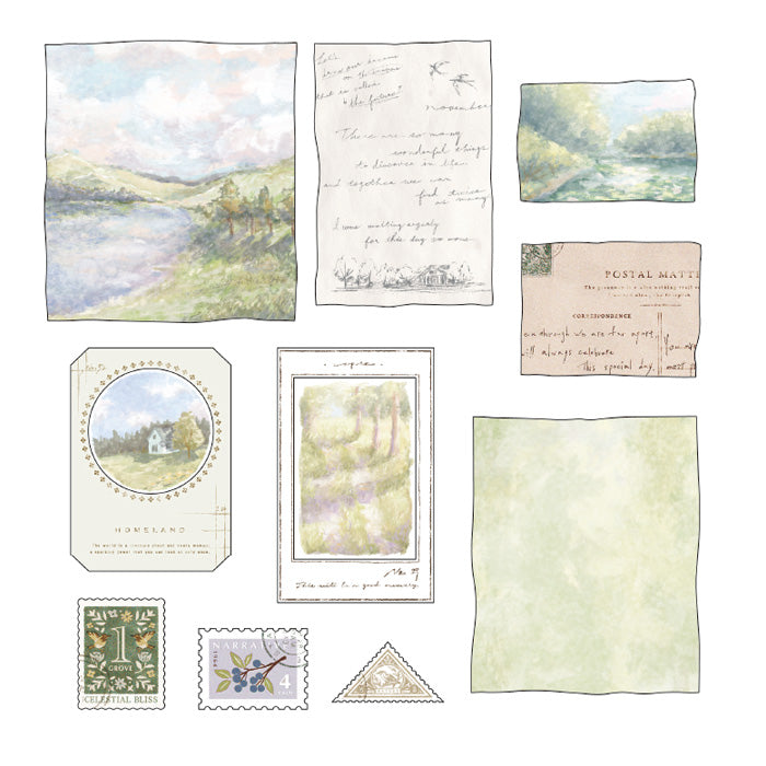 Mind Wave Sticker Flakes Landscape Green Trees  Beautiful collage style sticker set. These Japanese sticker feature painting like landscapes, stamps and beautiful vintage-style paper stickers.