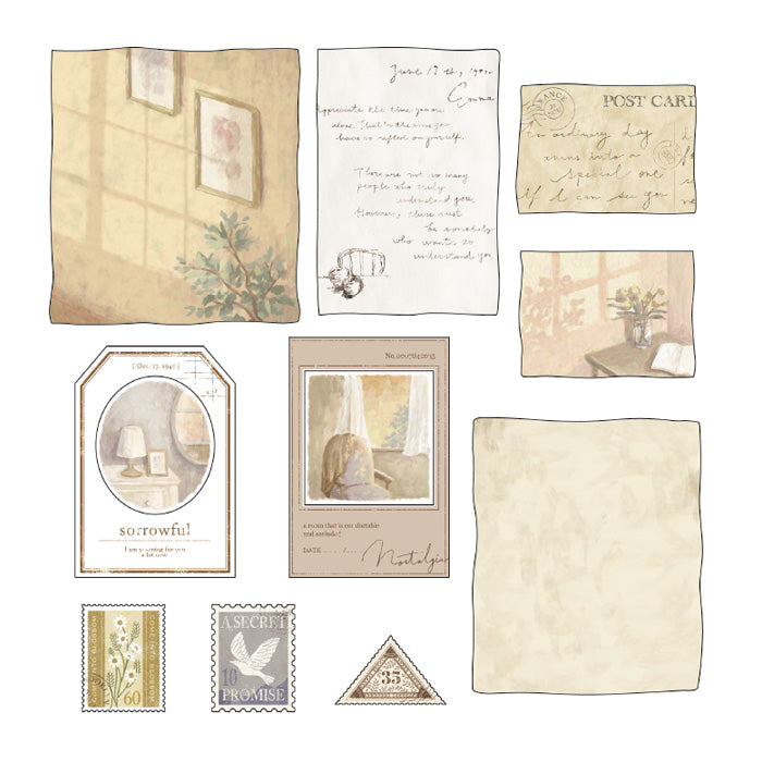 Mind Wave Sticker Flakes Landscape Twilight  Beautiful collage style sticker set. These Japanese sticker feature painting like landscapes, stamps and beautiful vintage-style paper stickers.