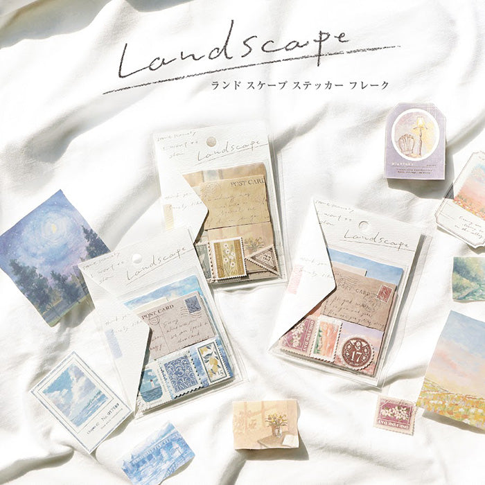 Mind Wave Sticker Flakes Landscape Twilight  Beautiful collage style sticker set. These Japanese sticker feature painting like landscapes, stamps and beautiful vintage-style paper stickers.