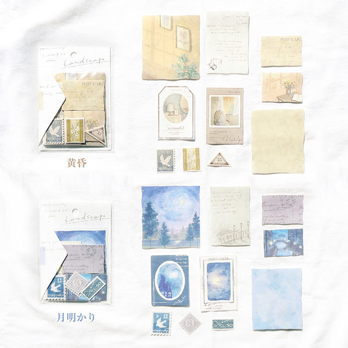 Mind Wave Sticker Flakes Landscape Moonlight  Beautiful collage style sticker set. These Japanese sticker feature painting like landscapes, stamps and beautiful vintage-style paper stickers.