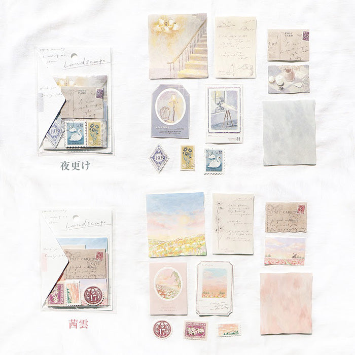 Mind Wave Sticker Flakes Landscape Pink Cloud     Beautiful collage style sticker set. These Japanese sticker feature painting like landscapes, stamps and beautiful vintage-style paper stickers.