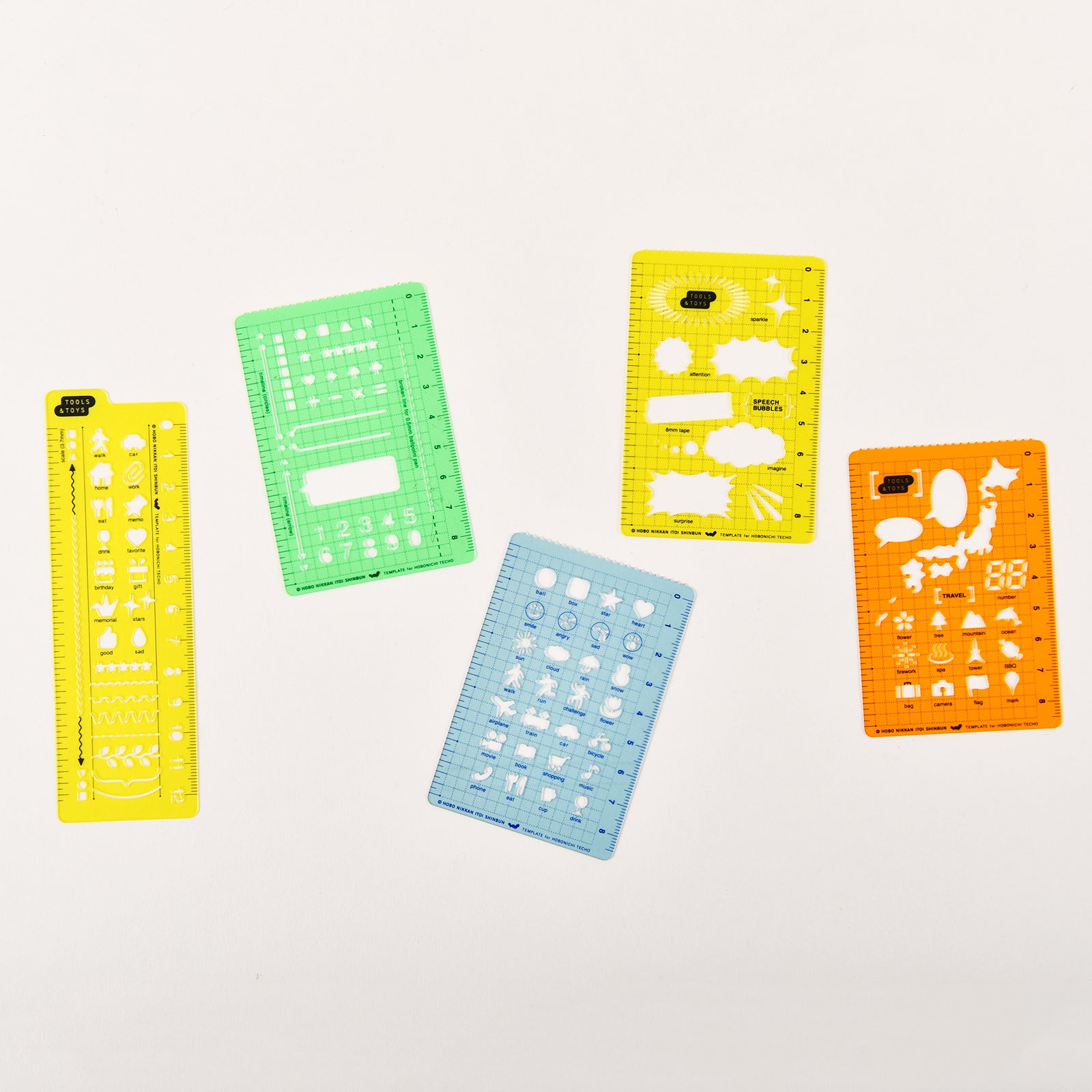 Hobonichi Stencil Activities Hobonichi stencils are designed to perfectly fit into planner cover pockets.  The Activities set includes symbols for vehicles, weather, and smiley faces.