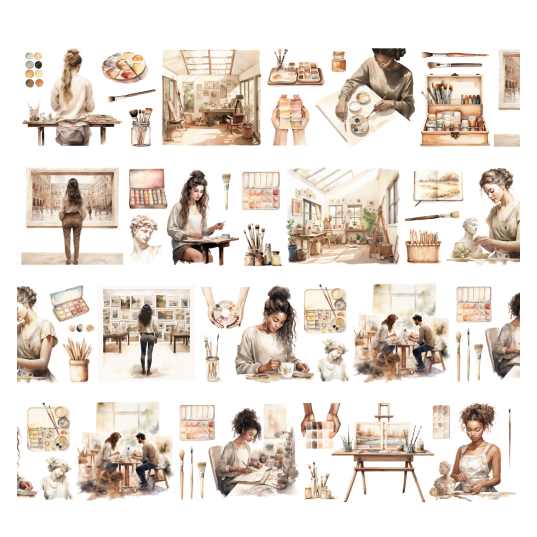 Collage of a woman painting in various settings with art supplies.