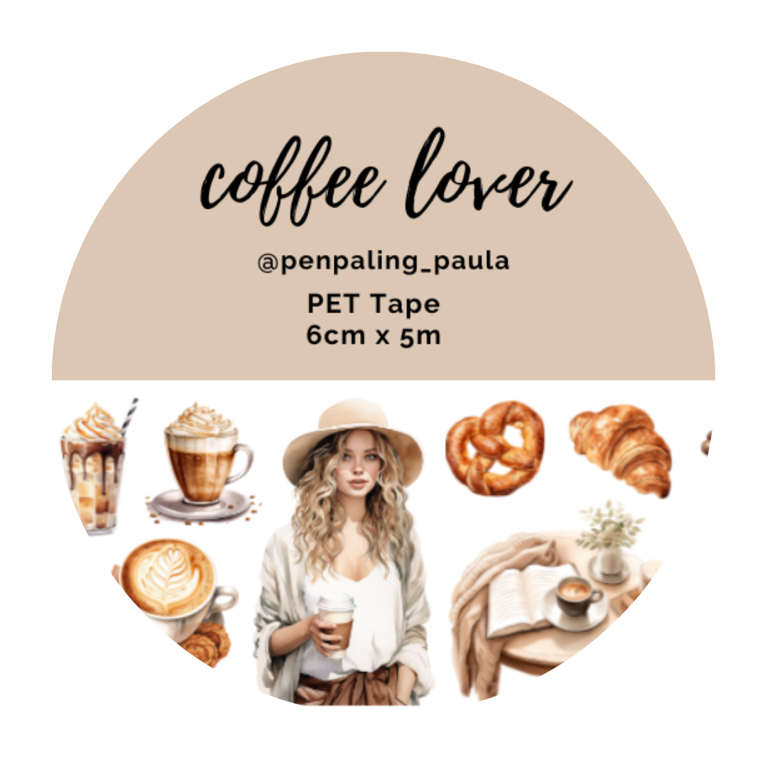 Pet tape labeled 'coffee lover' with images of coffee and pastries on a beige background.
