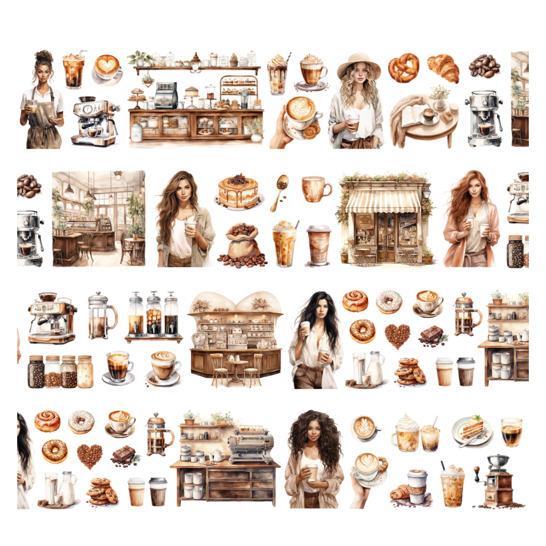 Collage of images related to coffee shops, people, and coffee items on a white background.