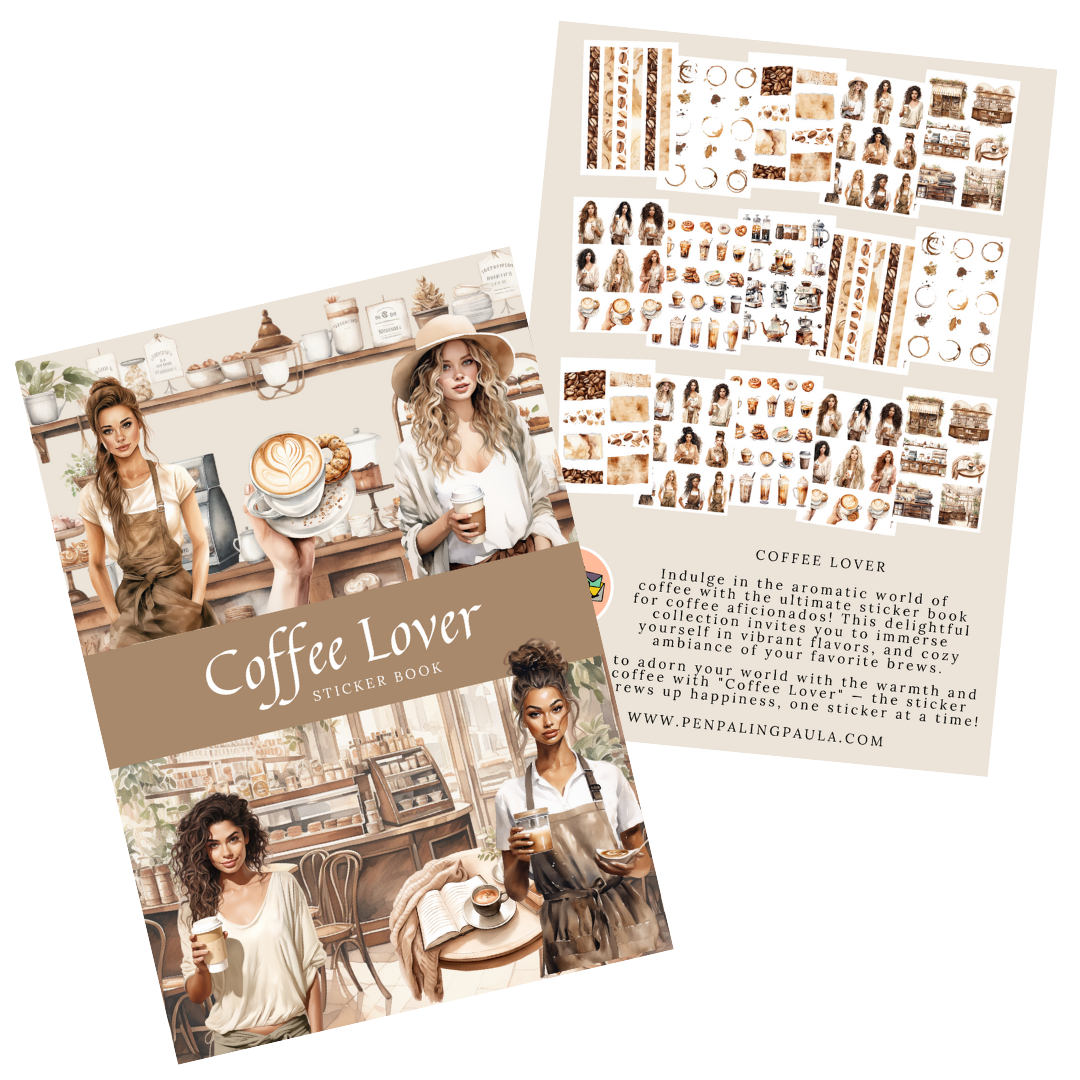 Sticker book titled 'Coffee Lover' with illustrated pages and a woman in a coffee shop.