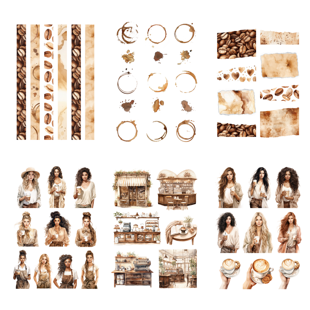Collection of coffee-themed elements including people, coffee cups, and coffee shop decor on a white background.