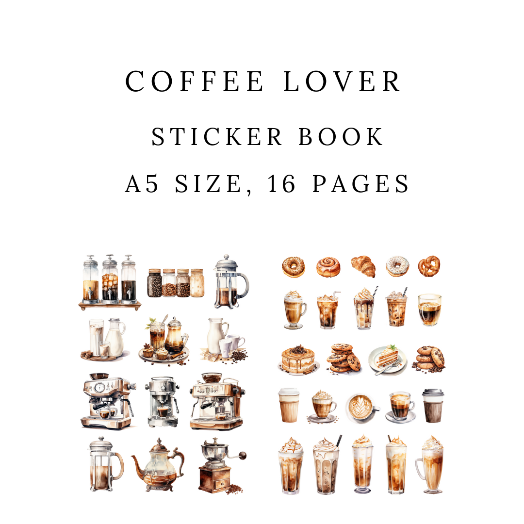 Coffee-themed sticker book with various coffee-related images on a white background.
