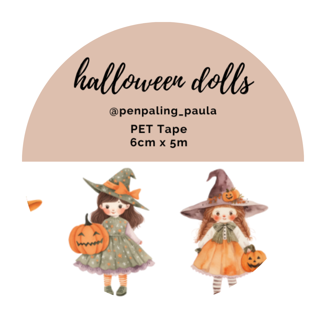 Halloween-themed pet tape with two dolls in costumes and pumpkins on a beige background.