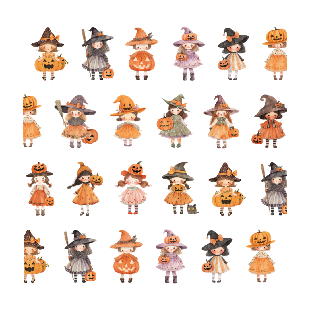 Collection of Halloween-themed figurines in various costumes on a white background