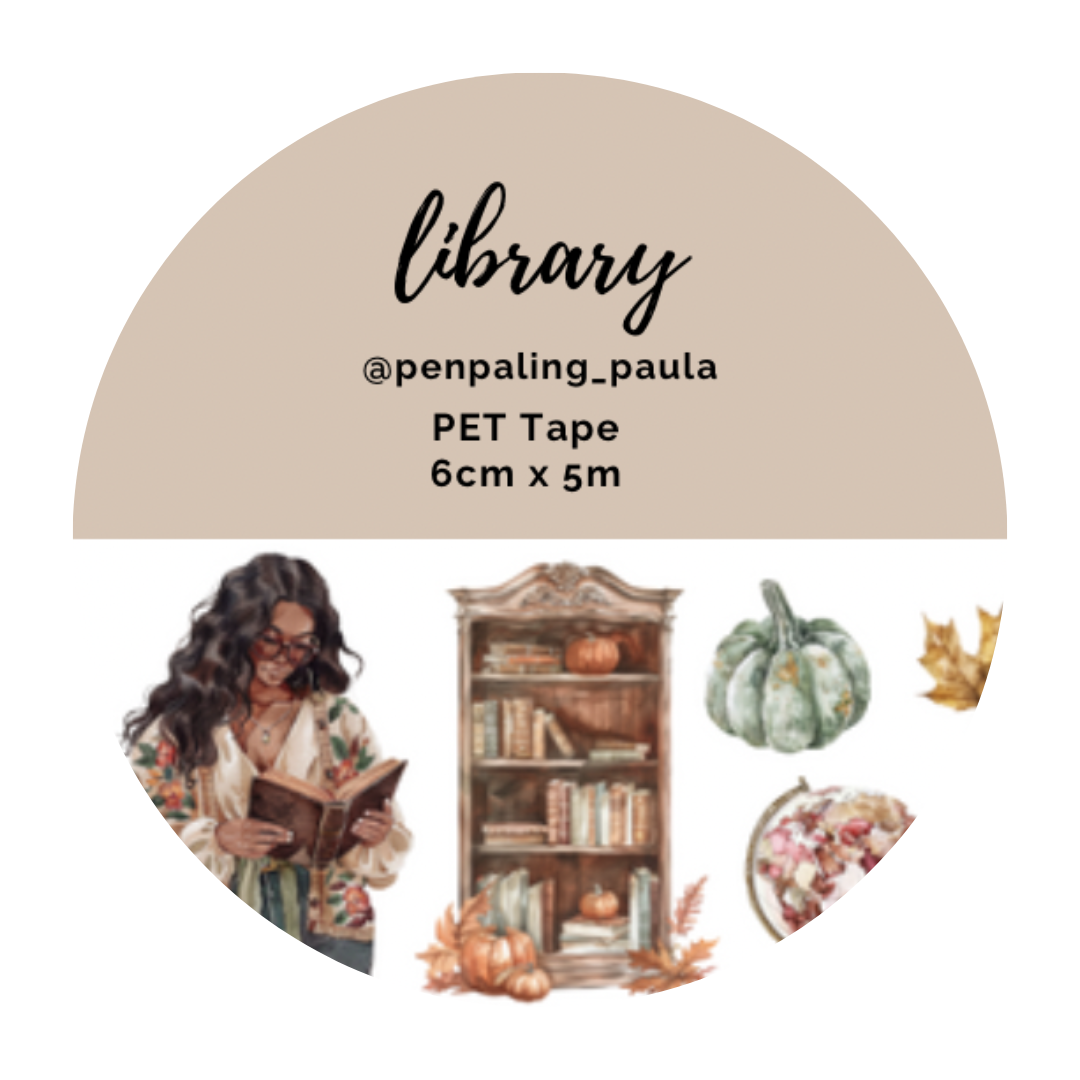 PET tape packaging with a woman reading a book and a library scene, featuring the brand 'penpaling_paula'.