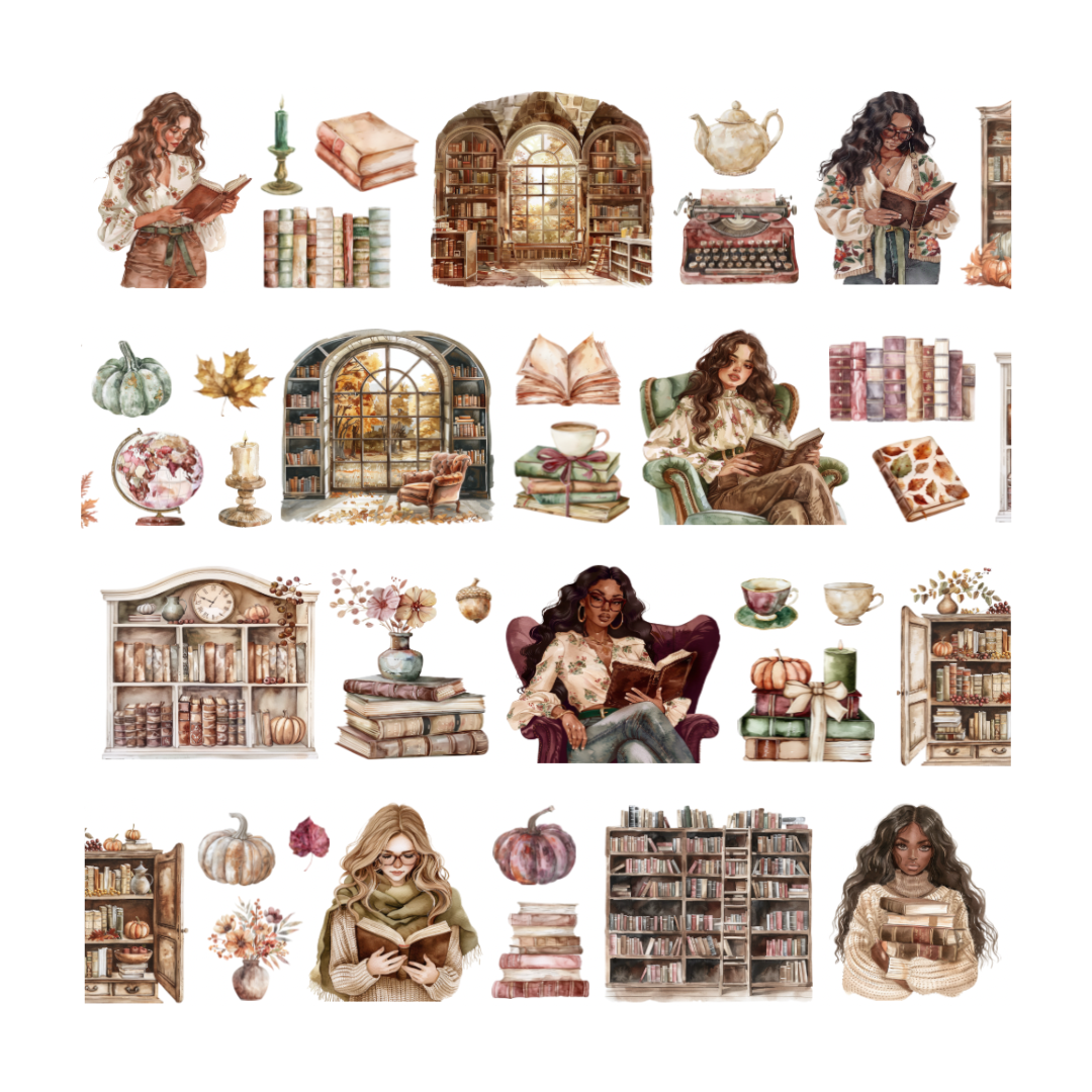 Collection of illustrated elements related to books, reading, and a cozy interior.