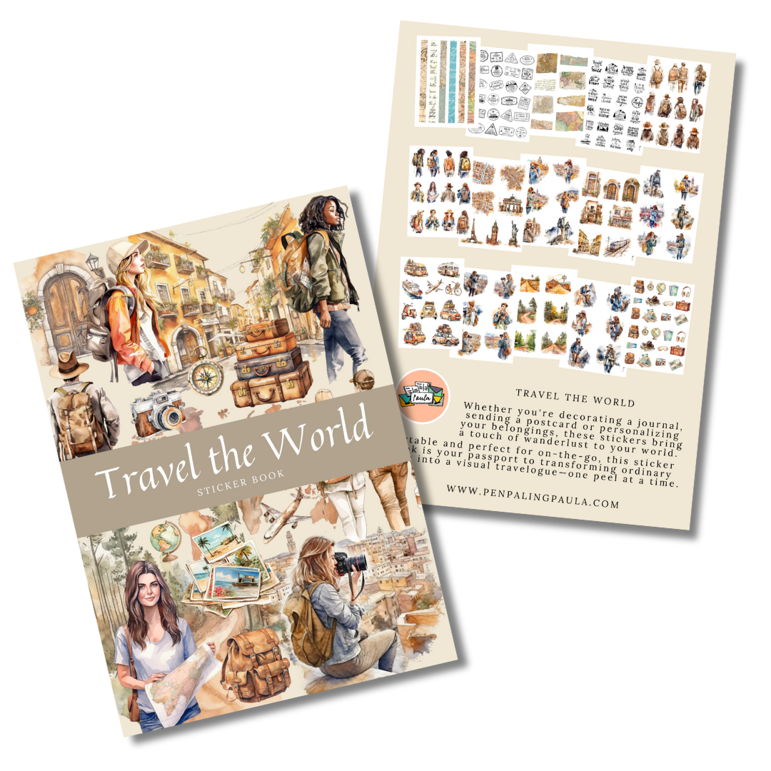 Sticker book titled 'Travel the World' with illustrated pages on a white background