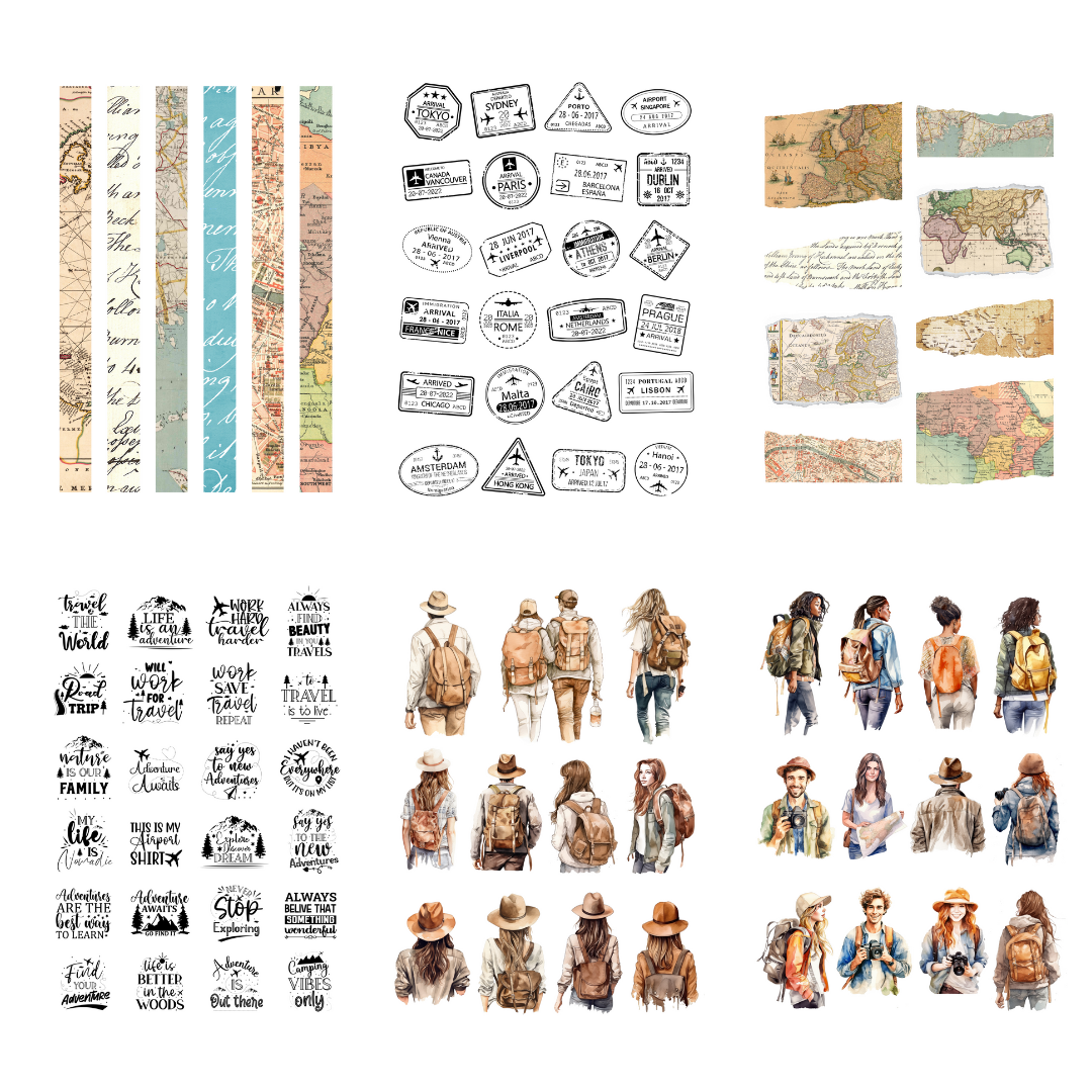 Collection of travel-themed stickers and graphics on a white background