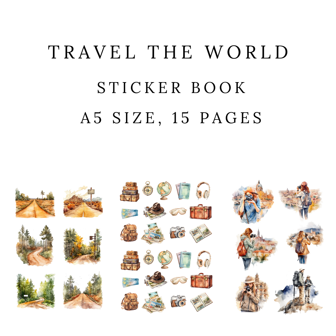Travel-themed sticker book with various illustrations on a white background