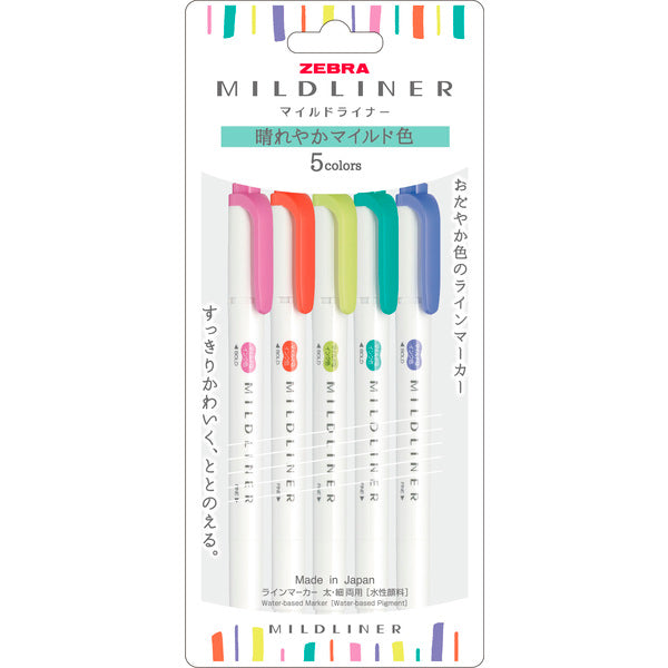 Zebra Mildliner 5 colors set Highlighter - Bright  5 double sided highlighters in different colors  Colors included: Mild Citrus Green, Mild Fuchsia, Mild Lavender, Mild Marigold, and Mild Summer Green.