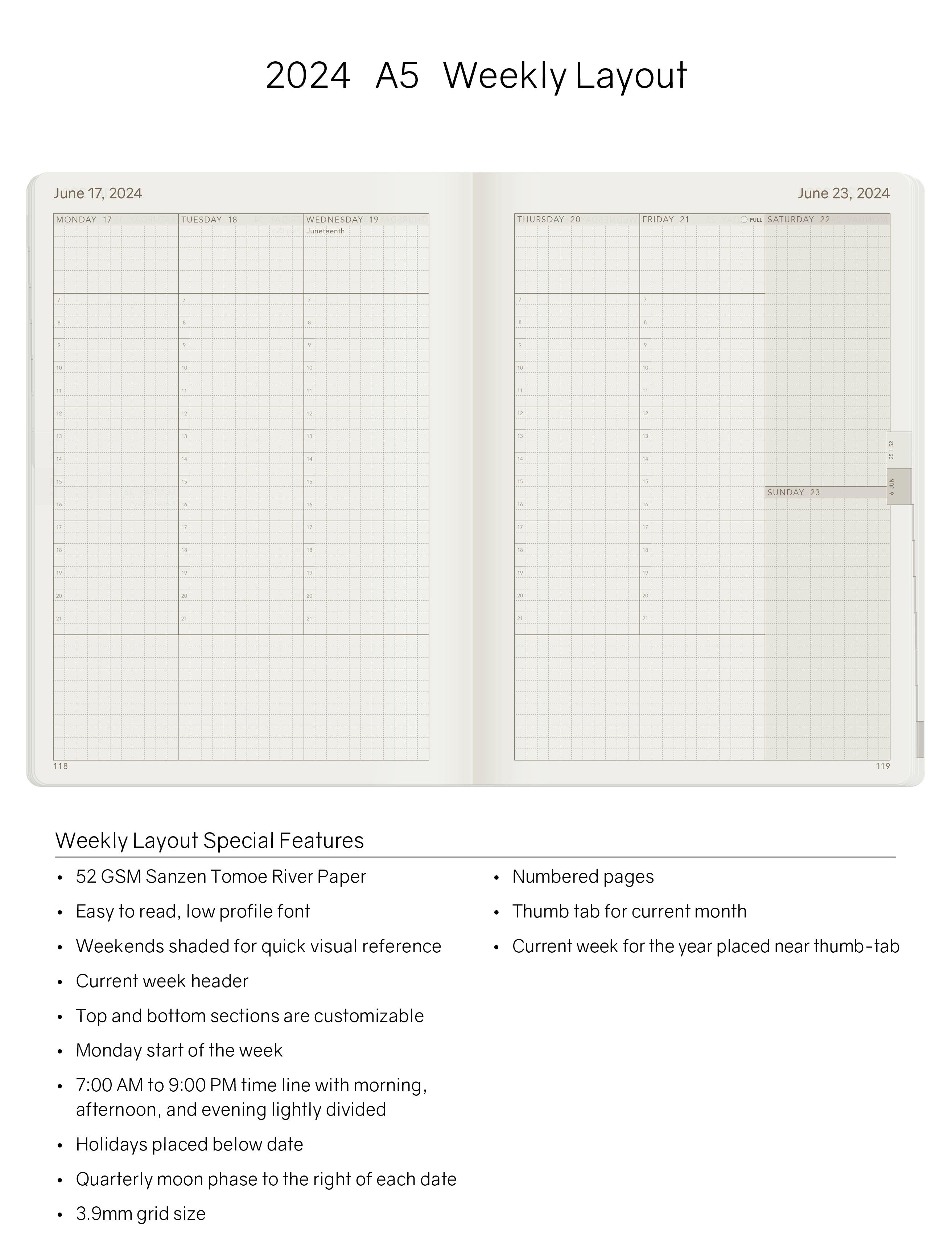 2024 A5 Weekly Planner (Stacked Weekends) -Alpine Lake (Blue) 52gsm Tomoe River Paper