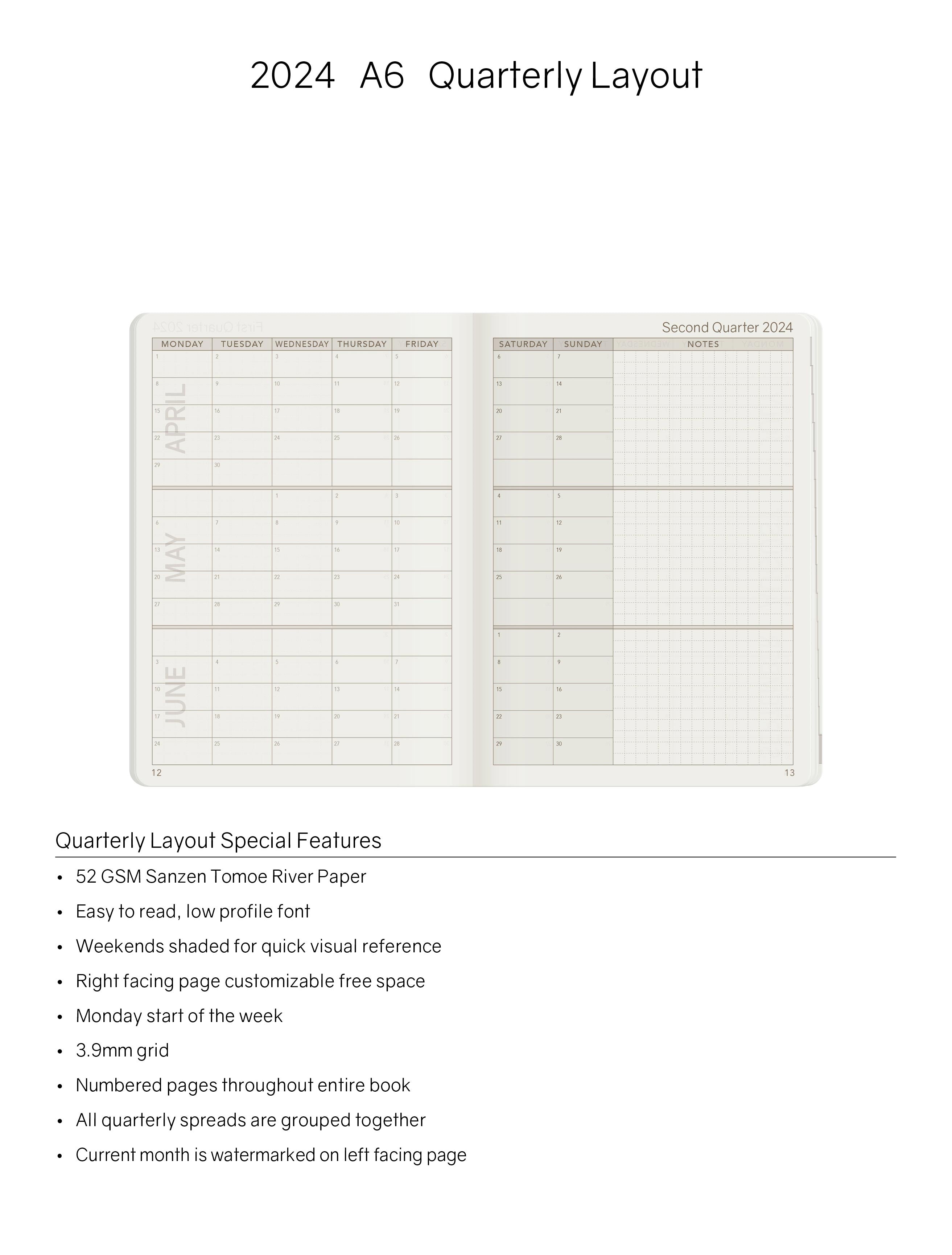 2024 A6 Weekly Planner - Evergreen (Dark Green) - 52gsm Tomoe River Paper (Stacked Weekends)