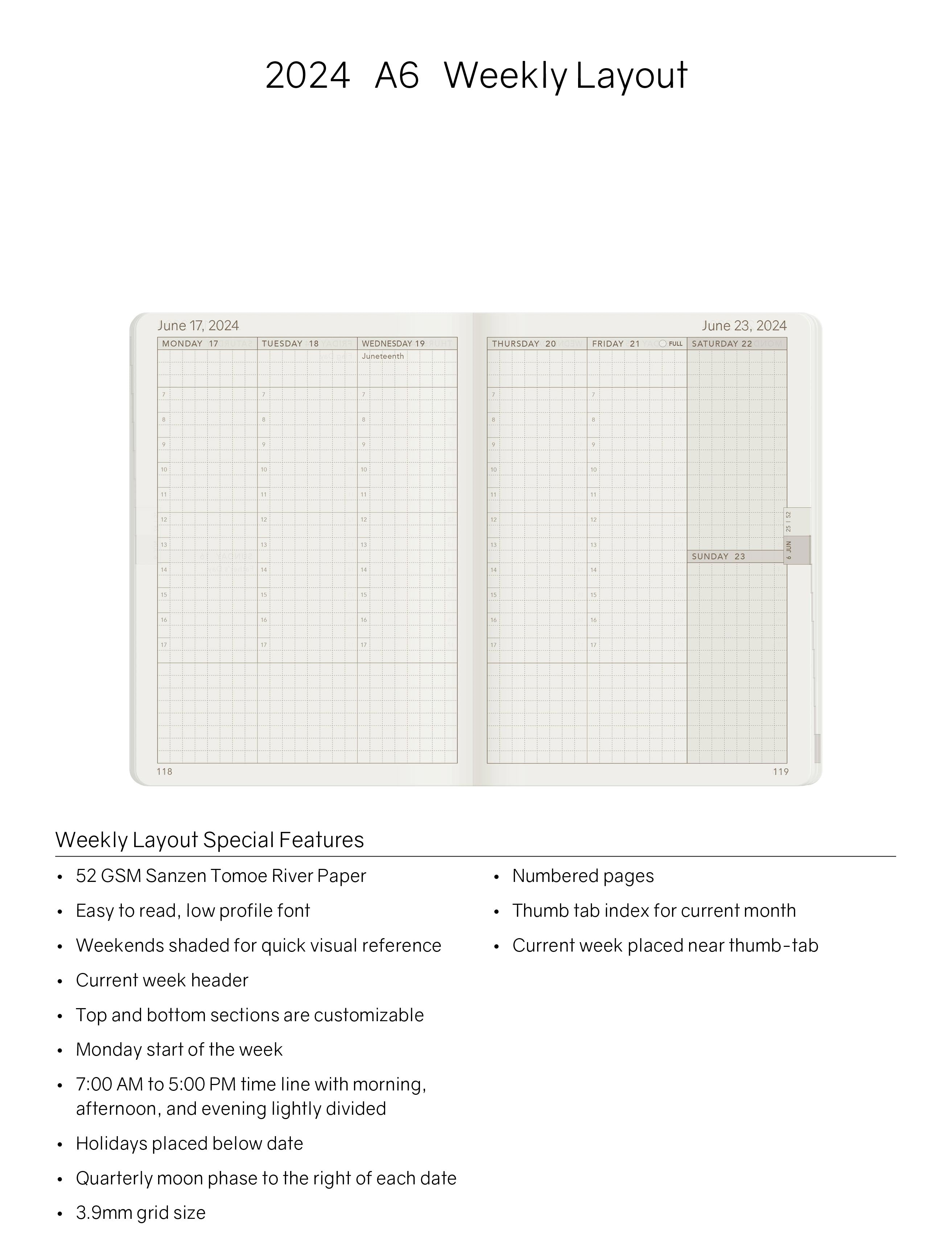 2024 A6 Weekly Planner - Evergreen (Dark Green)- 52gsm Tomoe River Paper (Stacked Weekends)